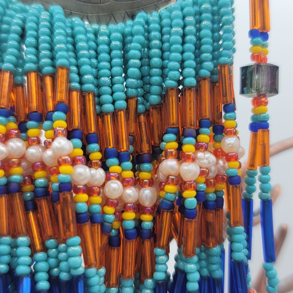 Artisan Beaded Crescent Fringe Brooch Glass Bead Statement Orange Blue Turquoise - Picture 5 of 13
